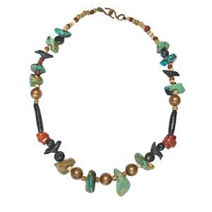 Oaxaca Clay, Amber, Turquoise & Copper Necklace, 29.75"